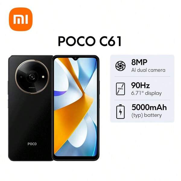 Xiaomi Mi POCO C61 Global Version Smartphone Smooth 6.71" 90Hz Display Refined And Stylish Design 8MP Al Dual Camera System Massive 5000mAh (Typ) Battery Secure Fingerprint And Face Unlock MediaTek Helio G36 Processor 12nm Process, Octa-Core Up To 2.2GHz Supports Expandable Storage Supports 10W Charging S Bluetooth 5.4 Android 14upports Dual 4G