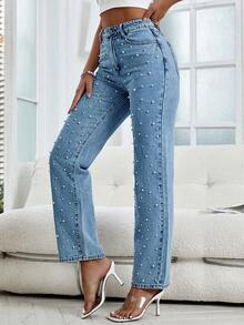 优雅珍珠牛仔裤女式直筒牛仔裤|高腰牛仔裤时尚秋冬牛仔裤 - 中等水洗藍 - 查看 5