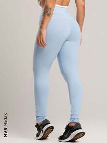 Calça Legging Cós de Vira Cintura Alta Feminina Poliamida Mvb Modas - Azul - Visão 3