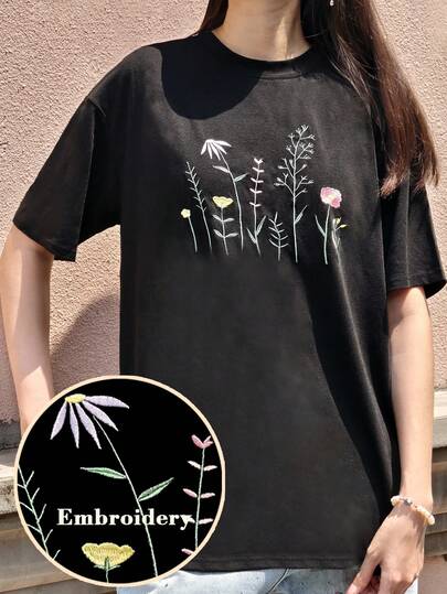 Floral Embroidery Oversized Loose Drop Shoulder Summer T-Shirt, Casual Beach Hawaiian Holiday Vacation Daily Wear Top, Black