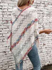1pc Women Rhombus Pattern Tassel Knitted Poncho Shawl, Warm & Fashionable Casual For Daily Wear
