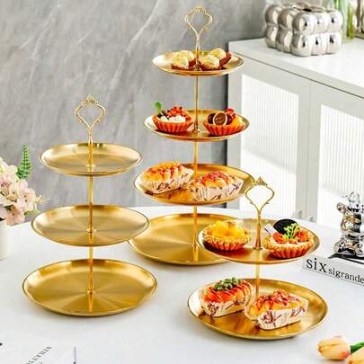 Gouden roestvrijstalen dessertstandaard met 3 of 2 lagen (inclusief 2/3 schalen + 1 accessoire), geschikt voor dagelijks gebruik, voor snacks en fruit, veel gebruikt als decoratie voor theekransjes en bijeenkomsten, ook geschikt voor cupcakes, donuts, fruit, keukengerei en als kerstcadeau.