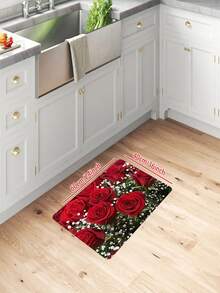 Half-Sheet Romantic Red Rose & White Starry Sky Floral Print Floor Mat, Suitable For Kitchen, Game Room, Laundry Room, Bathroom, Living Room, Bedroom, Indoor Entrance, Etc. - Red - View 6