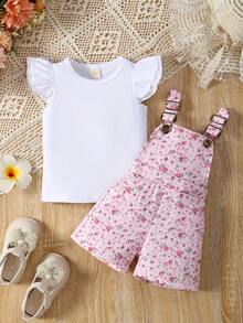 2pcs Baby Girl Overalls Jumpsuit Set With Flying Sleeves, Top T-Shirt With Floral Pockets, Overalls Shorts Set (Overalls Measurement Does Not Include Shoulder Straps) - 粉色 - 查看 2