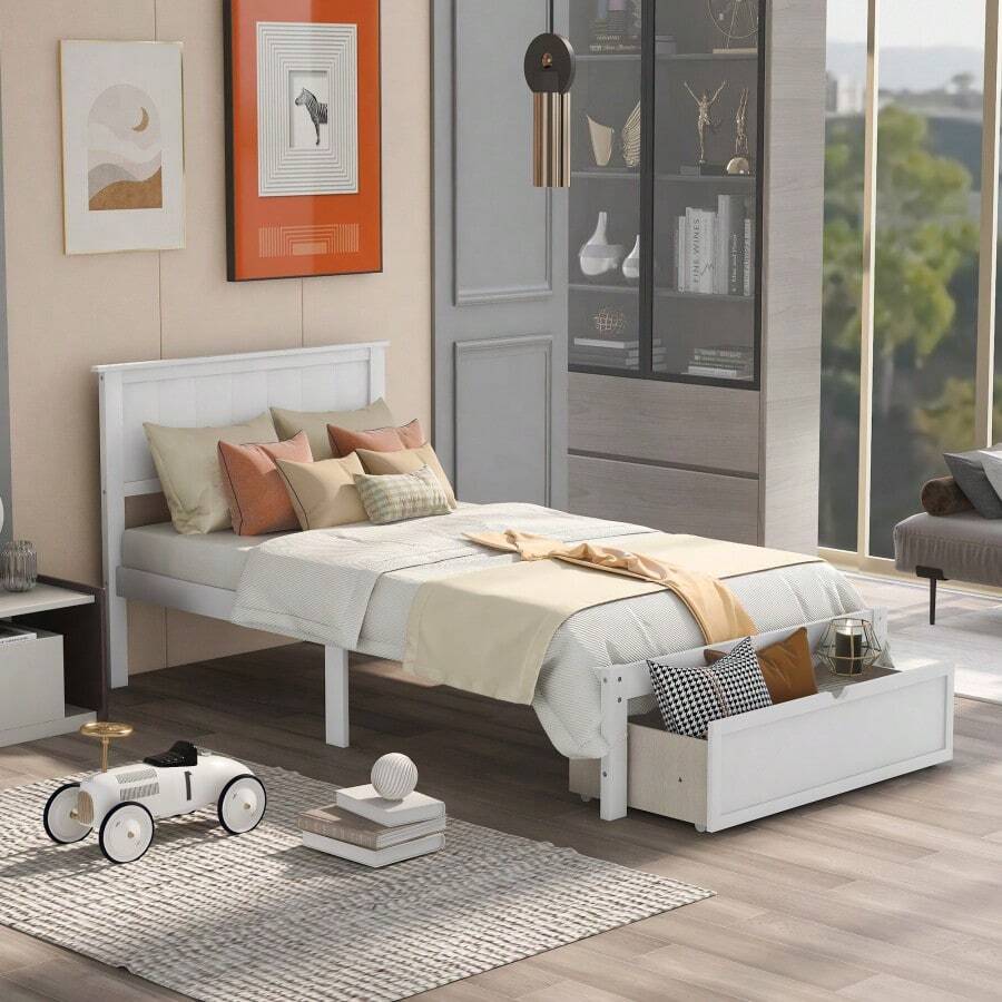 Cama de plataforma de tamaño individual con cajón debajo, blanco - 9608 - Multicolor - Ver 1