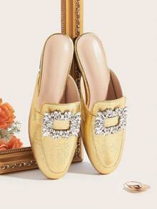 Damen Frühjahr 2025 Halb-Schlupf-Mules mit rückenfrei, Metall-Schnalle, flache Lässig Slip-On Sandalen