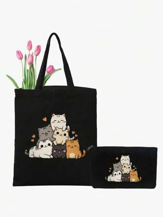 Cartoon Cute Cat Pattern Shoulder Bag, Lightweight Travel Tote, Multifunctional Shoulder Bag, Backpack, Birthday Gift Back To School, Teachers Gift Ideal Gift, Thank You Gift Idea, Appreciation Gifts, Gifts Bag, Reusable