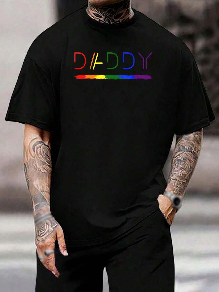 Camiseta de papá arcoíris - Camiseta gay LGBTQ+ para hombre - Camiseta de algodón suave, cuello redondo, moda de verano, regalo para marido, novio, papá - Camiseta de papá negro - Negro - Ver 1