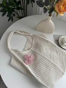 Summer Beach Hollow Woven Tote Bag, Foldable Design, Oversized Women's Handbag, Beach Bag; New Fashionable Floral Embroidery Shoulder Bag Suitable For Summer Beach, Vacation, Valentine's Day