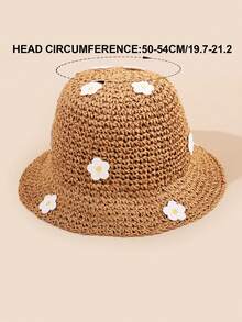 1 件装女孩夏季沙滩遮阳帽，草编宽边度假遮阳帽 - 卡其色 - 查看 4