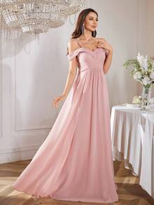 UNITHORSE Robe de demoiselle d'honneur élégante avec jupe évasée à taille croisée et ourlet volant de couleur unie - Rose bonbon - Voir 9