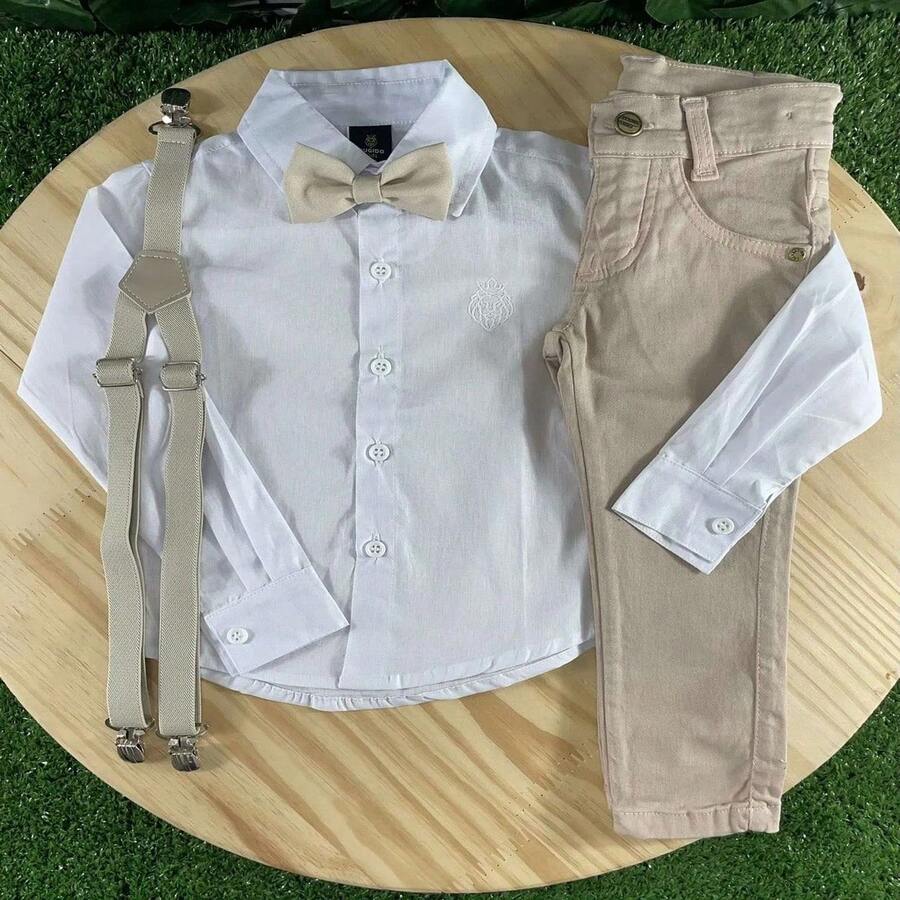 Formal Set With Khaki Pants, White Shirt And Children's Tie And Suspender Kit - Khaki - View 1