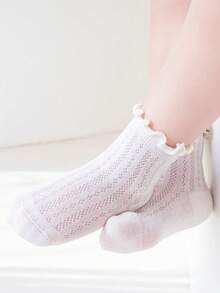 3 pares de nuevos calcetines para niños con volantes, calcetines de malla transpirable con textura hueca de estilo versátil Ins para niñas pequeñas - Blanco - Ver 7