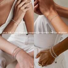 Adoyi Gold Bracelets For Women, 14K Gold Plated Stackable Bracelet Stack Set Adjustable Charm Paperclip Chain Cuban Link Layered Waterproof Jewelry Sets Gifts For Womens 6.0/6.8/7.2" - Silver 6.5 IN - 查看 3