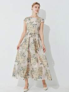 Elegant Women's Ditsy Floral Long Party Dress, Organdy Jacquard Fabric, Spring/Summer, Prom Dress