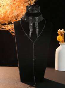 Conjunto de 4 piezas de joyería de lujo con colgante, aretes y pulsera con cristales negros y borlas, un regalo perfecto para estudiantes, parejas, novias o uso diario. Joyería versátil y elegante.
