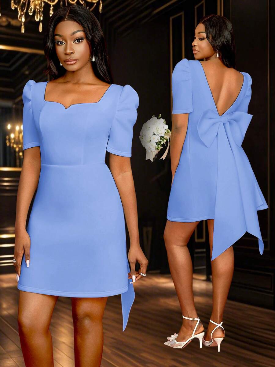Vestido de mujer de línea A, espalda descubierta, lazos azul en la espalda, elegante y de clase para fiesta de boda, mini vestido con cuello cuadrado y mangas abullonadas, vestido de fiesta, ducha nupcial, graduación, novia