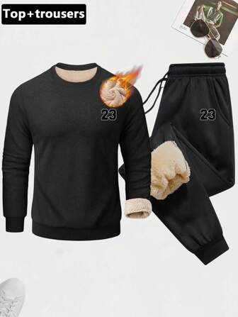 Ensemble de jogging d'hiver homme, style casual et quotidien, avec un sweatshirt à manches longues imprimé et doublé thermique et un pantalon de jogging assorti