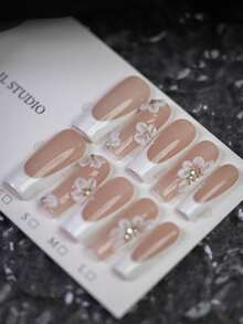 10pcs Sweet And Fresh White Carved Square Press On Nails, Minimalist Three-Dimensional Flower French-Style Handmade Fake Nails, White Flower Design, Flower Core Embellished With Shiny Rhinestones, Essential Nail Art For Summer, Suitable For Daily, Casual And Relaxed Occasions, The Best Gift For Women And Girls Nail Supplies Handmade Press On Nails - Multicolor - View 2