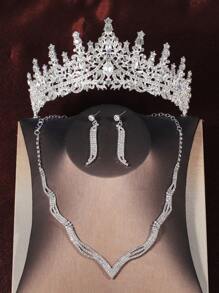 1 Set luxuriöser Brautaccessoires inklusive Strass-Krone, einfacher gewellter Halskette & Ohrringe, 4 Stücke Hochzeitschmuckset für Brautkleid, geeignet für Hochzeit, Veranstaltung, Party