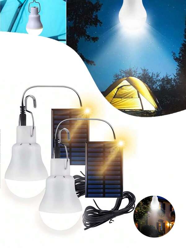 1 pieza/2 piezas Bombilla LED con panel solar, lámpara recargable portátil por USB con batería solar, lámpara para acampar al aire libre adecuada para jardín, patio, patio, cocina, lectura, invernadero, carpa, pesca