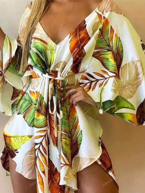 Women's Sexy V-Neck Asymmetrical Bat-Wing Sleeves Tie Waist Printed Dress, Spring/Autumn