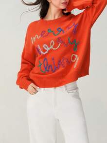 Women's Christmas Ribbed Sweaters Contrast Color Letter Long Sleeve Round Neck Knitted Tops - Red - View 4