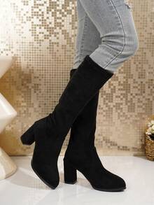 女童黑色仿麂皮弹力及膝靴，8厘米高跟，适合搭配牛仔裤、办公室和休闲装，春秋冬 - 黑色 - 查看 7