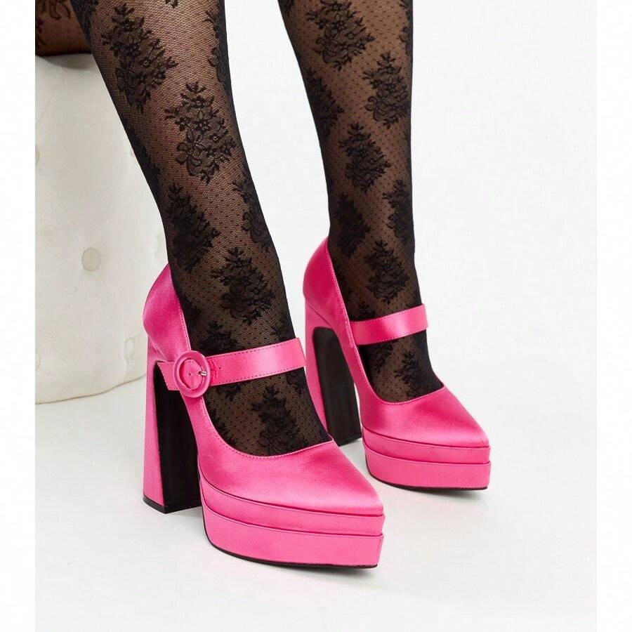 Zapatos de tacón alto con plataforma y punta fina de unicolor elegante y sencillo - Rosa - Ver 1