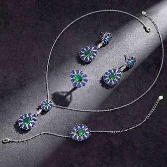 Luxury Wedding Pendant Necklace Set For Brides Fashion Colorful Full Cubic Zirconia Jewelry Set Girl Party Gift