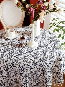 1 件波西米亚复古蓝白瓷花流苏桌布，适用于圆桌、咖啡桌、床头柜罩，可水洗，适用于家庭客厅、厨房、晚宴、节日派对、花园、茶会、户外野餐装饰、四季、秋季装饰 - 彩色 - 查看 11