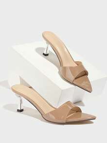 女士优雅经典穆勒高跟凉鞋，尖头金属银色小猫跟，性感收腰宽带，时尚派对、休闲、户外、旅行、春夏季 - 棕色 - 查看 6