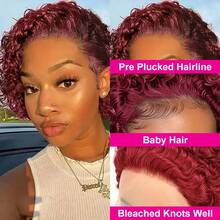 Burgundy 13x1 Pixie Cut Wig Short Curly Lace Wig Human Hair Wine Red Color Lace Front Wigs Human Hair 13X1 Transparent Lace Wig For Women - Burgundy - View 11