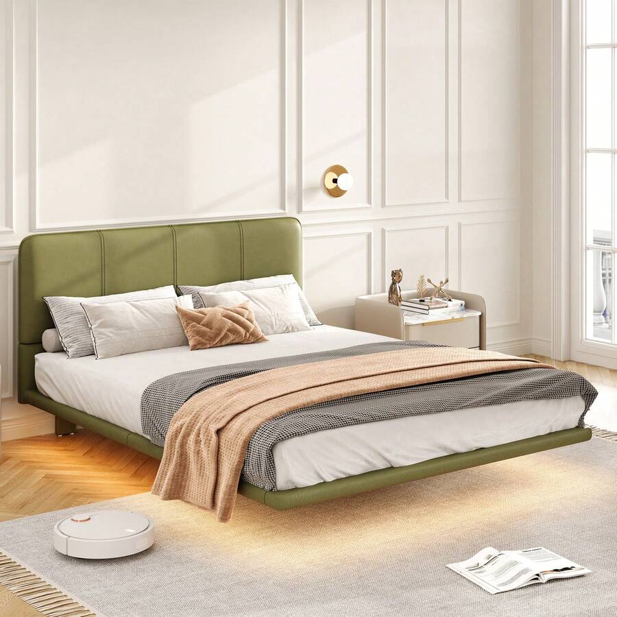 MERAX Floating Bed Frame With LED Light, Modern PU Leather Platform Bed, No Boxing Spring Needed, Assemble Easily,Full Size-Green - 全尺寸-綠色 - 查看 1