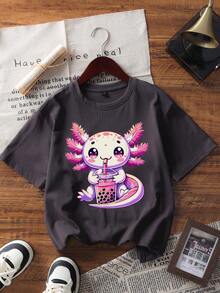 3pcs Tween Girls Axolotl Cartoon Print Casual Short Sleeve T-Shirts, Young Student Summer Tops Kids Love - Multicolor - View 4