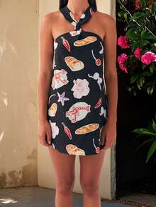 Women's Cream Yellow Halter Neck Mini Dress - Knotted Neck Detail Sleeveless Lightweight Fabric Feminine Stylish Casual Summer Date Wear(S-L) - 黑與白 - 查看 3