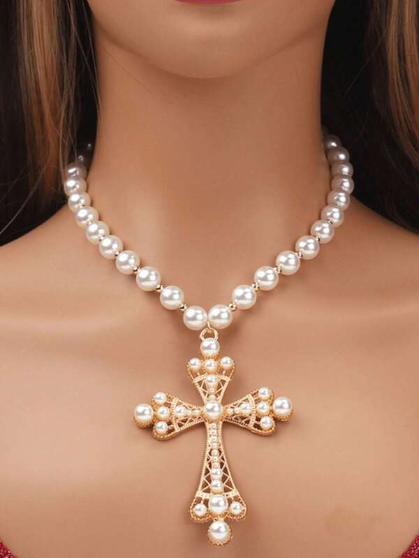 1pc Elegant Personalized Exaggerated Punk Style Cross & Pearl Necklace, Statement Jewelry Suitable For Girls, Women, Wedding, Party (Pearl Quantity Varies)
