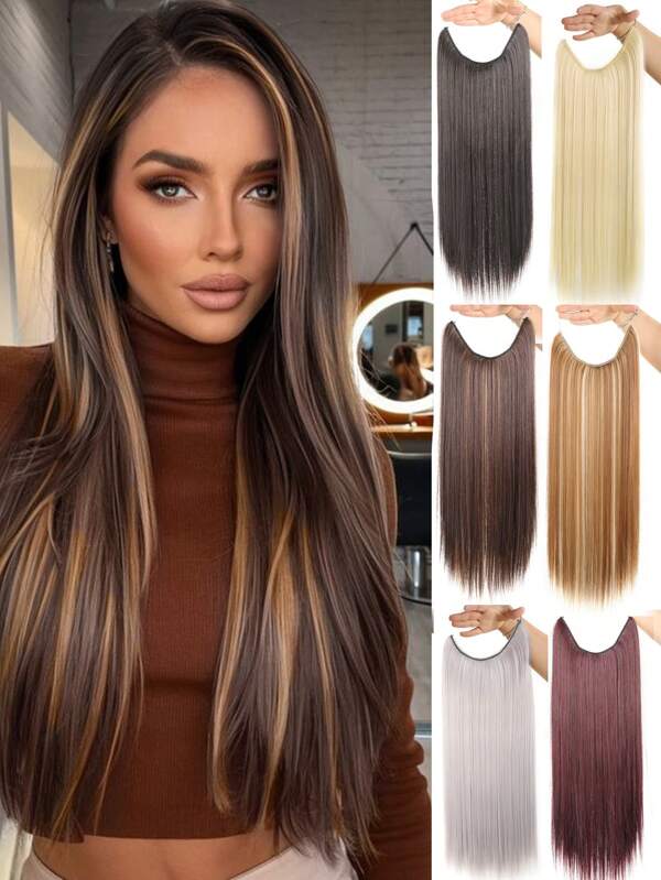 Extensiones de cabello invisibles con alambre, en colores castaño, rubio, rojo y negro, de cabello sintético liso y largo, con diadema ajustable y transparente, sin clips, estilo monopieza de 24 pulgadas, para mujeres