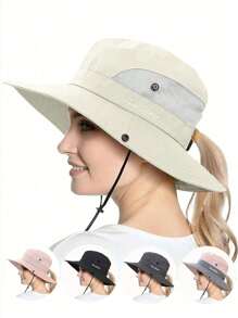 1 pièce Chapeau de soleil à large bord pour femme - Design à queue de cheval, large bord pour ombre solaire, chapeau de seau pliable pour plage et été, idéal pour la pêche, les vacances à la plage, les voyages de femmes et les activités extérieures