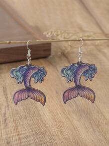 1 Pair Wood Printed Summer Ocean Mermaid Tail Colorful Earrings For Women