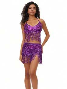 流苏亮片肚皮舞胸衣上装，细肩带胸罩，拉丁舞裙，肚皮舞链条流苏腰带，适合泰式/阿拉伯舞服装