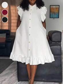 Plus Size Women Ruffle Trim Button Decor Pocket Casual Dress White Summer Elegant - White - View 1