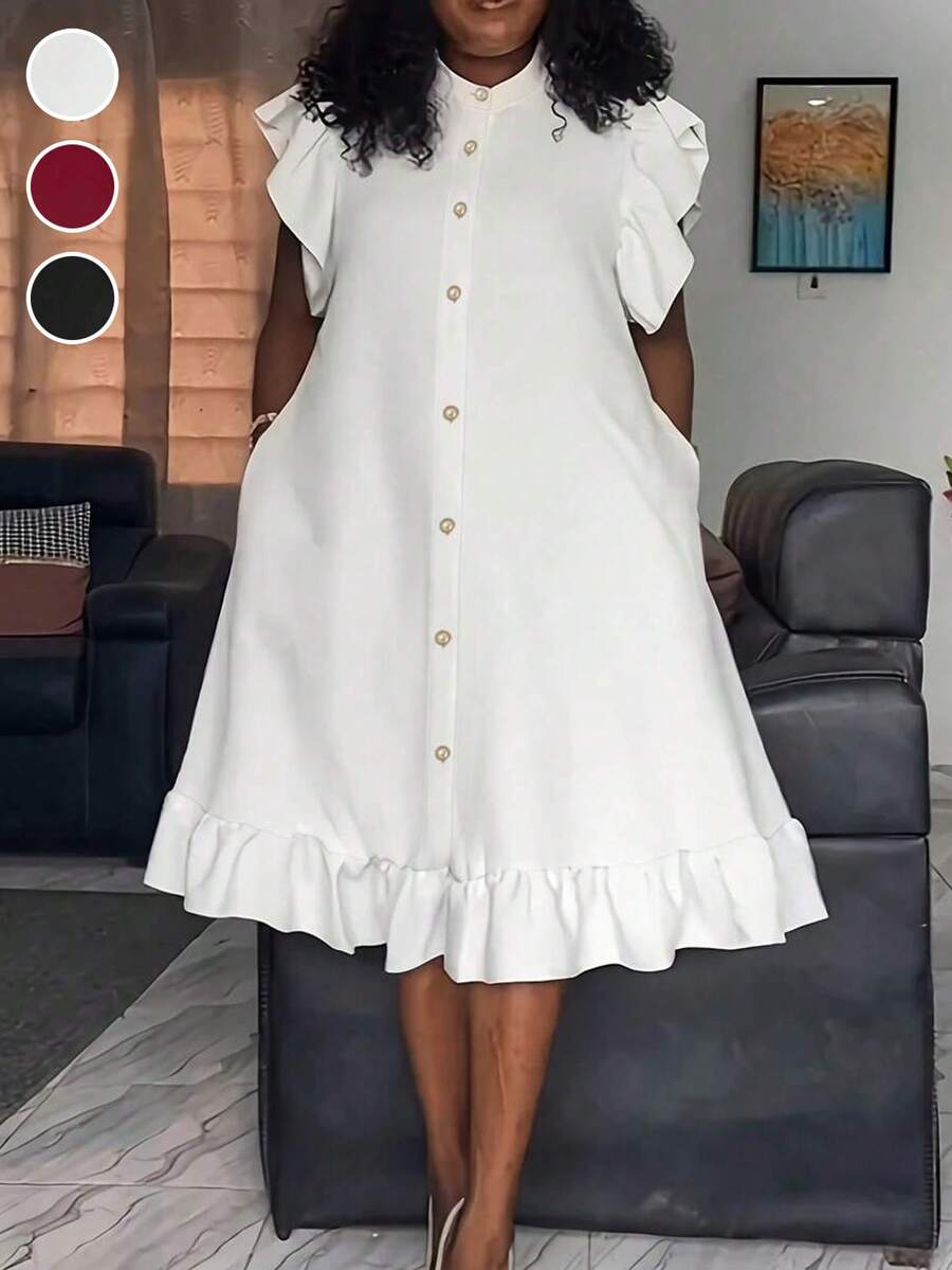 Plus Size Women Ruffle Trim Button Decor Pocket Casual Dress White Summer Elegant - White - View 1