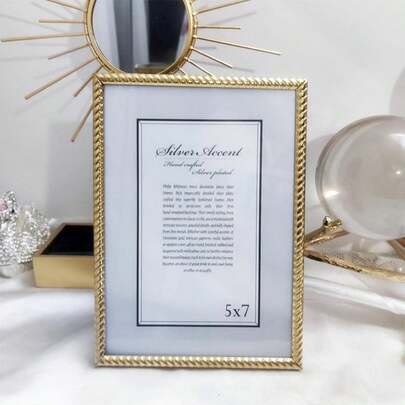 1pc 5", 6", 7", 8", 10" A4 Gold/Silver Stainless Steel Braided Pattern Photo Frame Easel, Random Picture Included