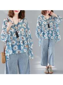 Women's Floral Print V Neck Batwing Sleeve Blouse, Casual Loose Chiffon Babydoll Top - Blue - View 3