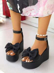 女士加大码时尚蝴蝶结厚底防水坡跟露趾踝带凉鞋，百搭优雅轻便坡跟鞋，适合派对、春夏及旅行必备 - 黑色 - 查看 5