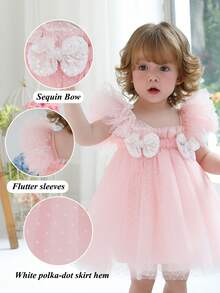 女婴粉色蝴蝶结盖袖公主裙，适合 1 岁生日派对、婚礼、典礼、节日庆典 - 淺粉色 - 查看 4