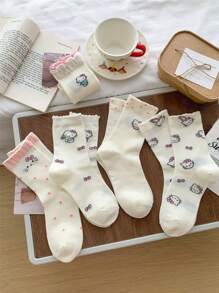Sanrio 1Pair Sanrio Hello Kitty Mid-Calf Crew Summer Socks Women Socks Flounced Hem Seamless Toe & Breathable Ribbed Texture - Spring/Summer Collegiate Style Socks For School Outfits, Cute Gift With Greeting Card For Birthdays/Valentine's Day