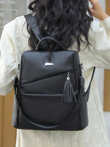 Stylish Women's Large Capacity Travel Backpack With Tassel Decor & Anti-Theft Protection, School Backpack - Black - View 3