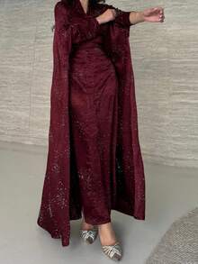 New Middle Eastern Women's Fashion Abaya With Rhinestone Decor, Pullover Long Robe (Random Rhinestone) - 紅色 - 查看 2